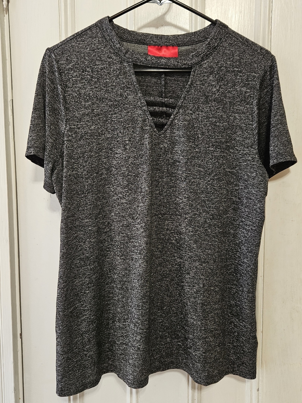 Jennifer Lopez Gray Marled Choker Cutout V-Neck Top Womens Large Stretch